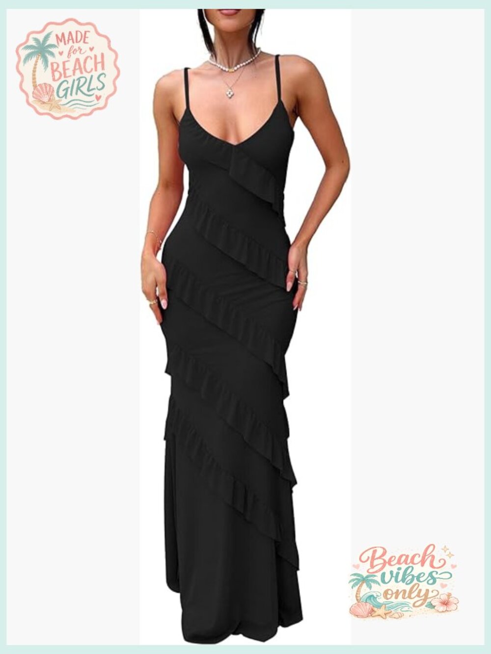 Sexy V Neck Backless Bodycon Spaghetti Strap Ruffle Maxi Cocktail Party Dress